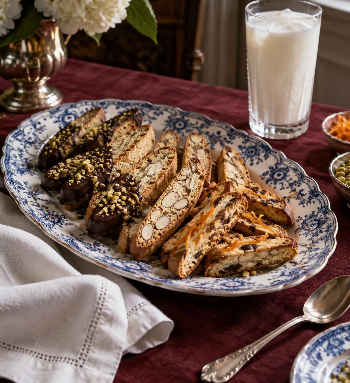 Assorted handmade biscotti on English china with ice-cold milk